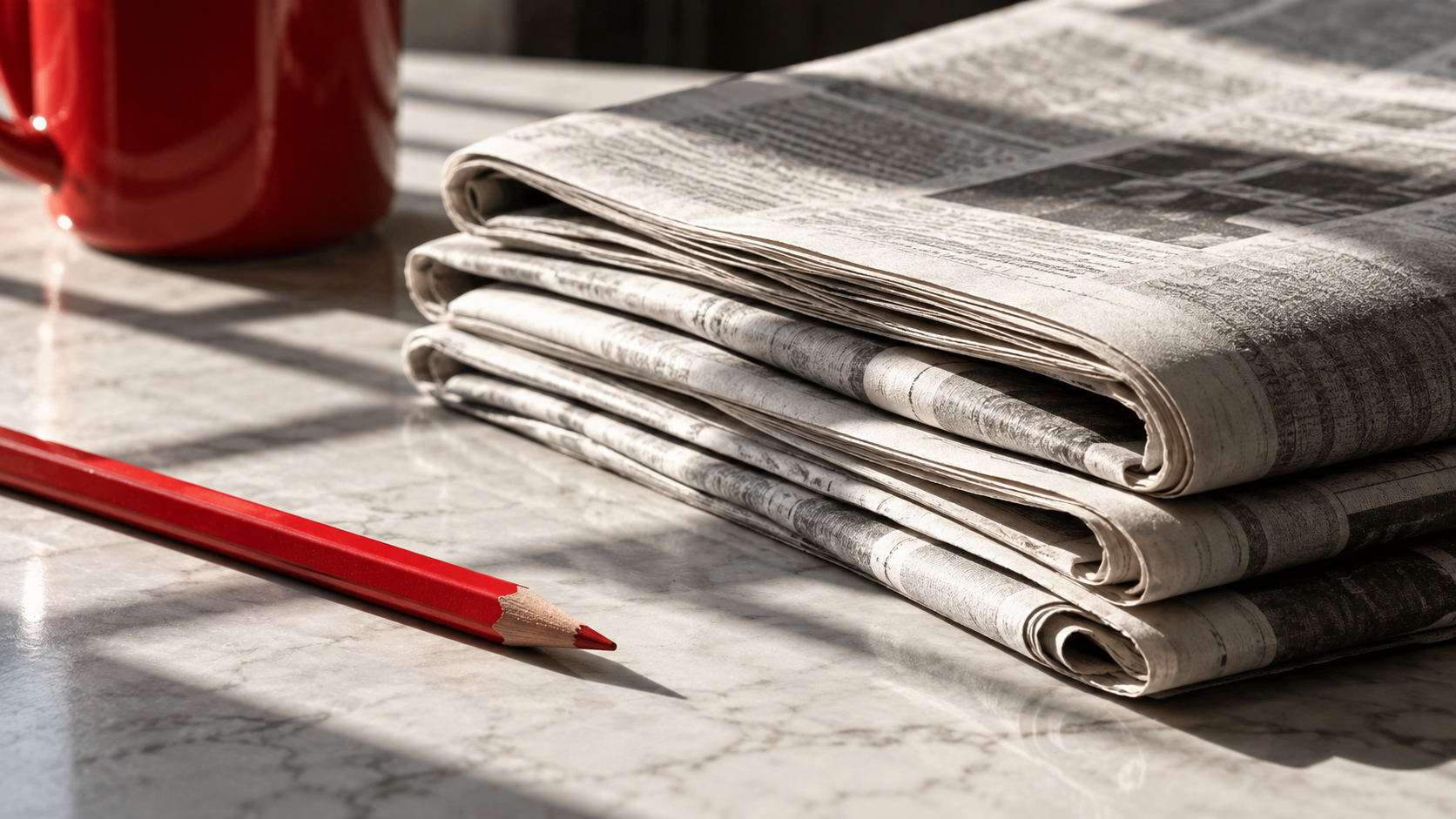 Newspapers and a red pencil in morning light